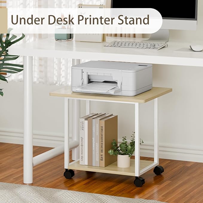 MARTY 22"x15.75" Large Under Desk Printer Stand with Storage Shelf 2-Tier Rolling Printer Cart with Wheels Printer Table for Home Office Heavy Duty Storage Rack for Scanner Fax Machine, Maple