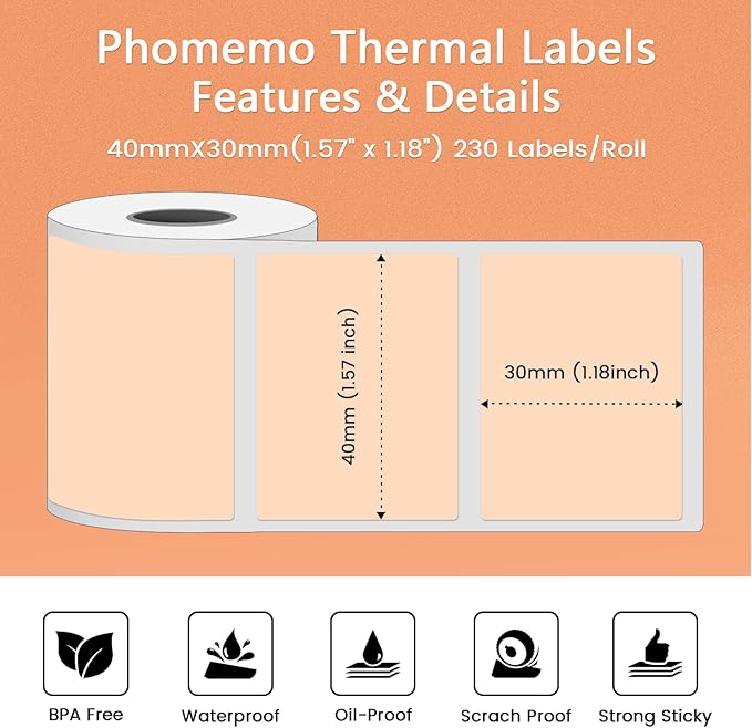 Phomemo Thermal Labels for M110/M120/M220/M150/M250/M221 Label Maker, Self-Adhesive Thermal Label 1.57"x1.18"(40x30mm),230 Labels/Roll, for Barcode,Address, Name, Small Bussiness and Home Use,Kahia