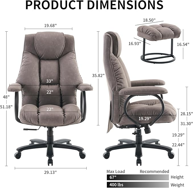 Office Chair Big and Tall, High Back Home Office Chair 400 lbs, Executive Office Chair with Ottoman, Ergonomic Office Chair with Padded Armrest, Swivel Computer Chair PU Leather (Grey)