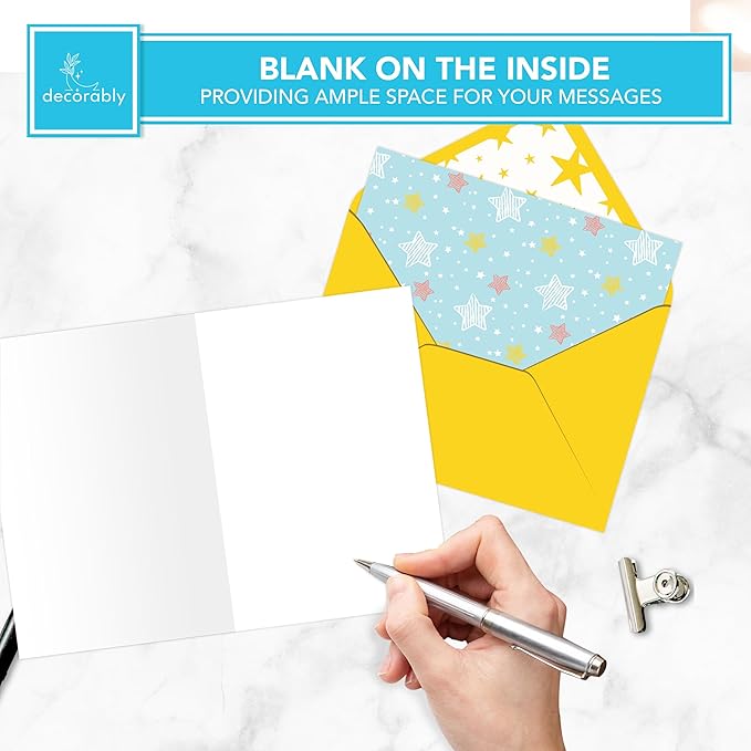 Decorably 24 Pack 4x6in Star Notecards with Envelopes and Stickers, 12 Charming Designs Star Cards, Blank Inside - Kid's Party, Birthday