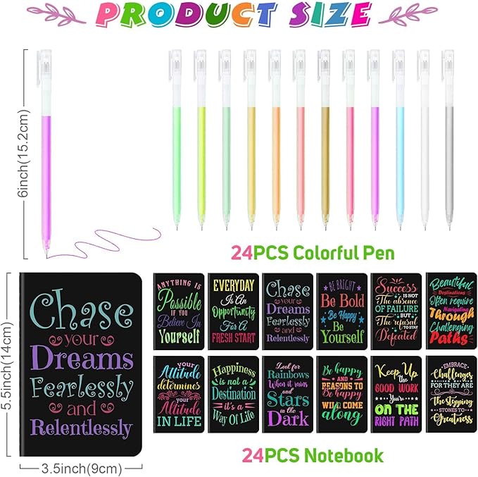 24 Pcs Mini Inspirational Notebooks Bulk with 24 Pcs Colorful Pens, Small Pocket Journal Notepads Set, Motivational Bulk Gifts for Women Men Teacher Student Kids, Fun School Office Supplies,3.5"x5.5"