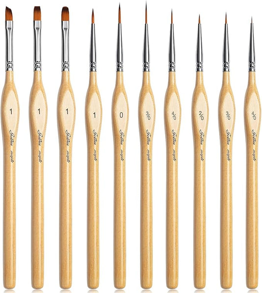 Golden Maple Miniature Paint Brushes 10pcs Detail Paint Brushes Flat Angle Filbert Fine Detail Brush Set for Acrylic, Watercolor, Dollhouse, Citadel, 40k.