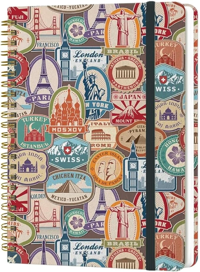 Spiral Notebook - A5 Spiral Notebooks, 8.3'' × 5.8'', 160 Pages, Aesthetic Journaling Notebooks for Women, College Lined Notebook with Elastic Closure, Back Pocket, for School Office, stampB