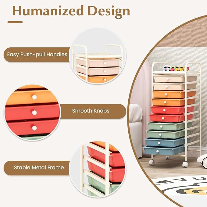 Storage Cart, Rolling Utility Cart with 10 Drawers, Portable Handles & Lockable Wheels, Mobile Paper Toys Storage Organizer Large Capacity for Home Office School Teacher (Macaron)