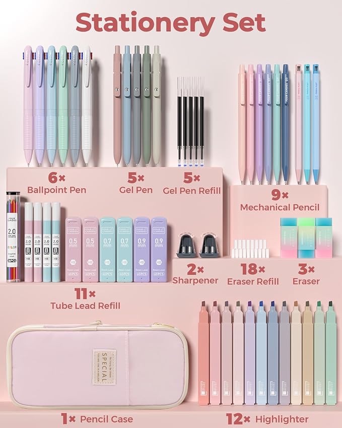 Four Candies 56 PCS Aesthetic School Supplies with Large Pencil Case, 6 Colored Ballpoint Pens, 12 Pastel Highlighters, 5 Black Ink Gel Pens, 9 Mechanical Pencils 0.5-2.0mm Student Essentials (Pink)