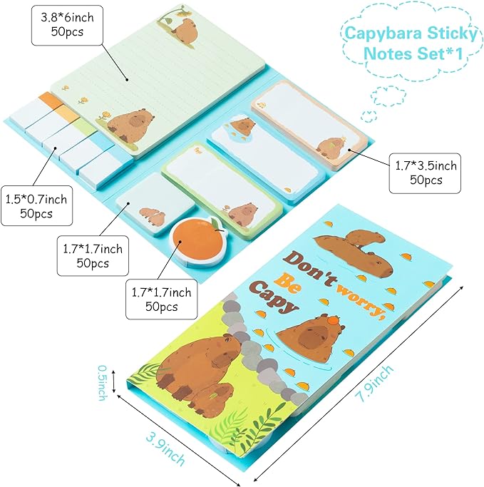 Don't Worry Be Capy Sticky Notes Set, 550 Sheets, Capybara and Orange Pattern Self-Stick Notes Pads Animal Divider Tabs Bundle Writing Memo Pads Back to School Office Supplies Small Gift