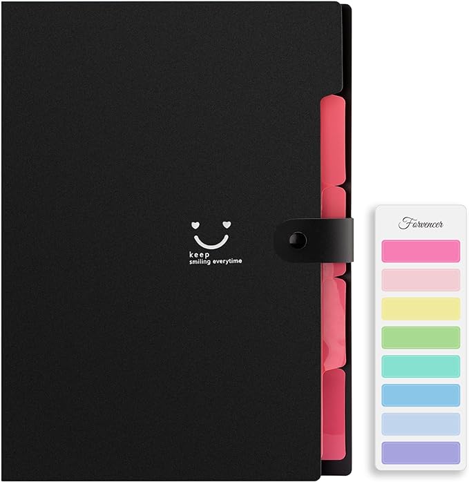 Forvencer Accordion File Organizer, Letter Size, 5 Pocket Expanding File Folder, Cute File Folder with Labels, Portable File Organizer for School Office Supplies, Folders for Documents, Black