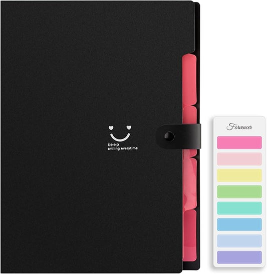 Forvencer Accordion File Organizer, Letter Size, 5 Pocket Expanding File Folder, Cute File Folder with Labels, Portable File Organizer for School Office Supplies, Folders for Documents, Black