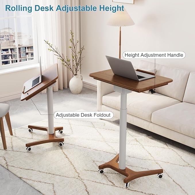 Rolling Standing Desk,Rolling Desk Adjustable Height with Wheels Rolling Desk for Home Office, Bedroom,Couch（Walnut）
