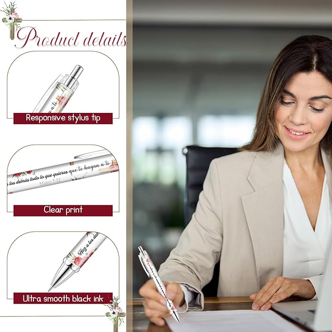 24 Pcs Spanish Christian Pens Regalos Cristianos En Español Bible Verse Ballpoint Pens with Inspirational Quote Spanish Christian Gifts for Religious Church Office School (Wildflower)