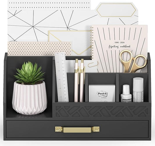 Bamboo Desk Organizer with Drawers, Mail Organizer Countertop Wood Desk Drawer Tabletop Storage Organization Pen Holder Letter Sorter Makeup Organizer for School Home Office (Black)