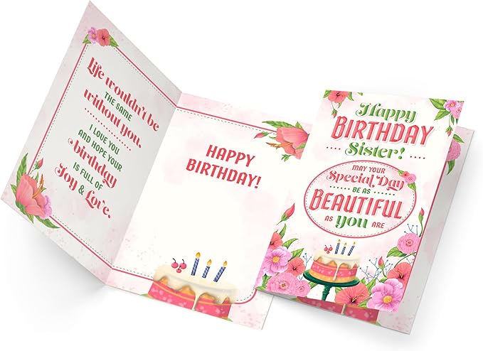 Prime Greetings Sister Birthday Card, Made in America, Eco-Friendly, Thick Card Stock with Premium Envelope 5in x 7.75in, Packaged in Protective Mailer
