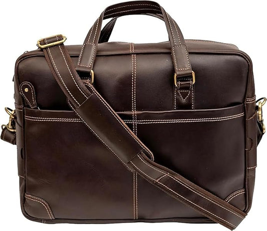 Brown Leather Laptop Bag - Stylish 16 Inch Computer Case for Men and Women - Genuine Leather Briefcase with Multiple Pockets and Shoulder Strap
