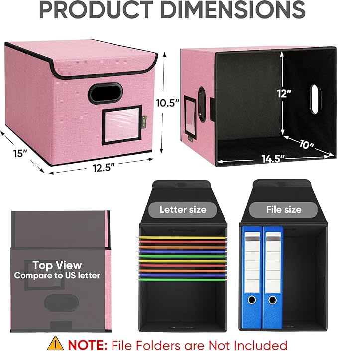 BALEINE File Organizer Box with Lid, Collapsible File Folder Organizer with Plastic Slide, Hanging File Folder Box for Office Document Storage (1 Pack, Pink)