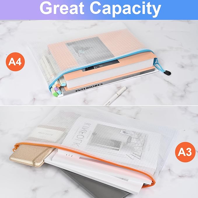 Mesh Zipper Pouch Bags,Zipper Bags for Organizing,12 Pcs(A3,A4 Size) Puzzle Bags for Travel Storage and Office School Supplies.