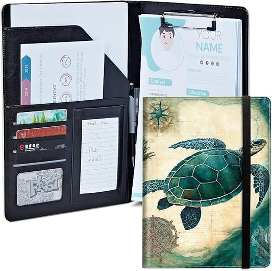 Turtle Padfolio Folder with Clipboard,Portfolios Organizer Clipboards with Storage Clipboard Writing Pad PU Leather Conference Document Organizer with Business Card Holder