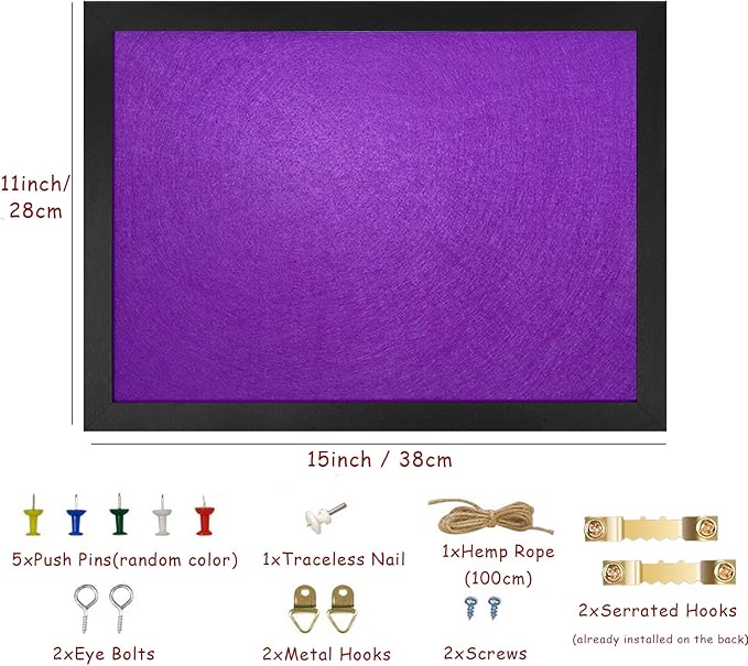 Bulletin Boards Cork Board with Felt, 15"x11" Small Display Pin Board Vision Board for Walls, Jewelry, Notes, Collection, Photos, Office, Wood Framed(Black) & Felt(Purple), 1pc