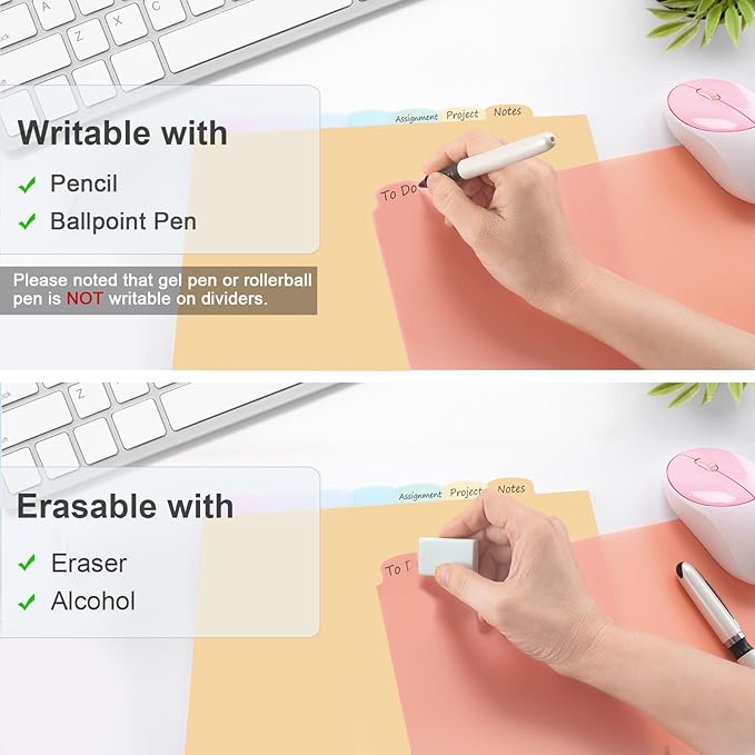 16 Count/2 Sets Write & Erase Binder Dividers with Tabs, Durable Plastic 8 Tab Dividers for 3 Ring Binder Letter Size, Separators for Student School Home Office Document Organizer, Pastel