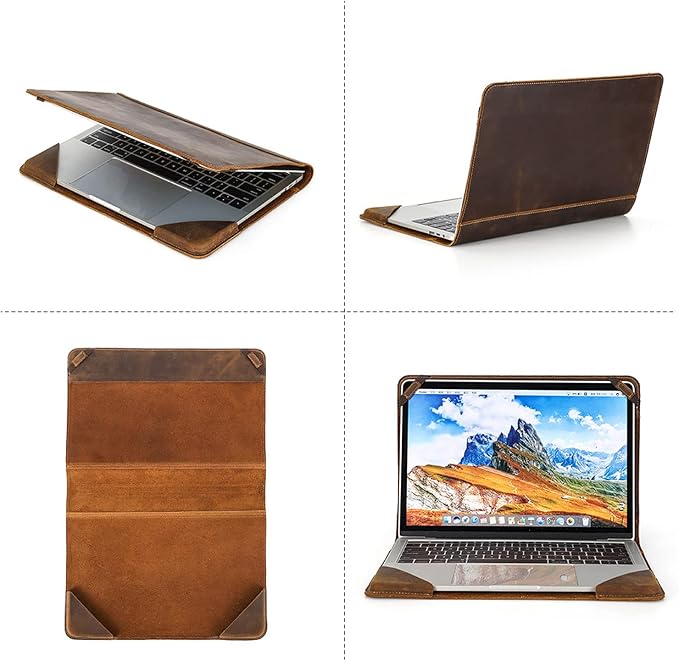Top Grain Leather 13.3" Slim Laptop Folio Case Protector, Vintage Open Style, Fully Handmade, Compatible with MacBook Pro 13.3" MacBook Air 2022 DELL XPS 13" & Other PC, Coffee 13.3 Inch