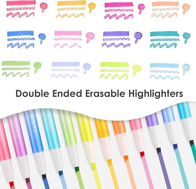 Erasable Highlighters Assorted Colors 12 Pack, Dual Tip Erasable Markers Pens, Chisel Tip Smooth Writing Journaling Highlighters School Office Supplies