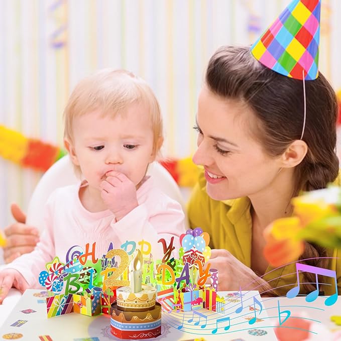 Gumry 2ND Musical Birthday PopUp Card, Blowable Colorful Light Candle 3D Cards with Song, Applause Cheers Sound, Greeting Cards Birthday Gifts Decorations for Daughter Son Turning 2 Years Old