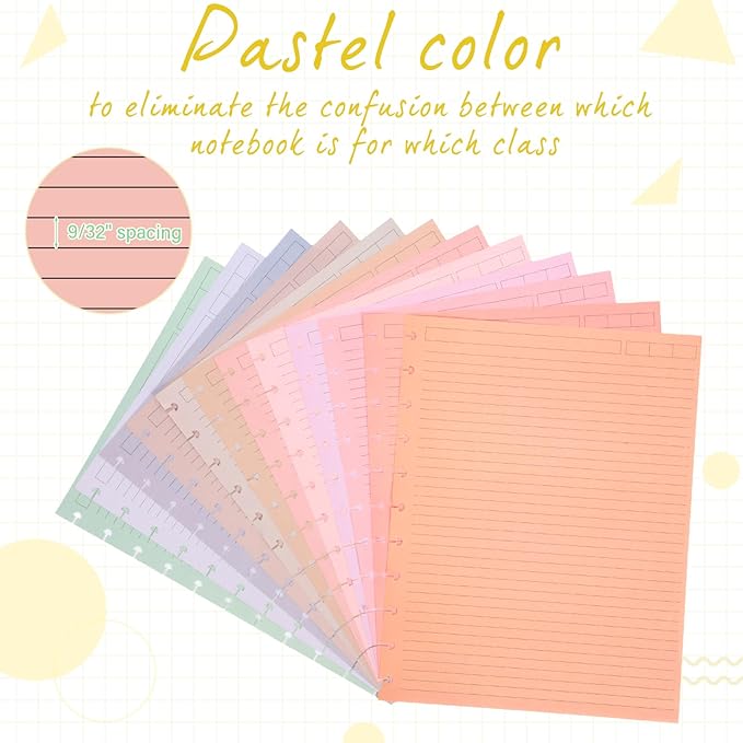 PerKoop 12 Pack 480 Sheets Colored Discbound Refill Paper 8.5 x 11 Inch College Ruled 11 Disc Letter Size Lined Paper Multicolored Refill Notebooks Disc Paper for Refill Paper Journaling(Soft Color)