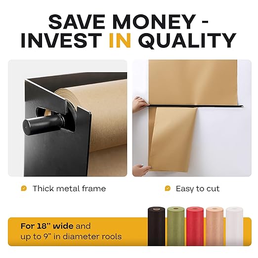 IDL Packaging 18" Wall Mounted Kraft Paper Roll Dispenser & Cutter for Rolls up to 18" Wide and 9" in Diameter - Durable Paper Holder with a Serrated Blade - Wall Mount Set Included