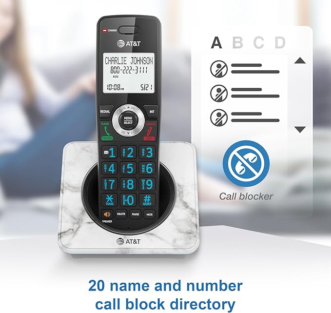 AT&T GL2101-1M DECT 6.0 Cordless Home Phone with Call Block, Caller ID, Full-Duplex Handset Speakerphone, 2" White Backlit Display, Lighted Keypad (Marble)