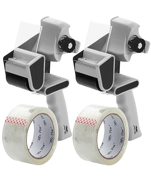 Mr. Pen 2-Inch Black Heavy Duty Packing Tape Dispenser Gun - 2 Pack with 2 Rolls Clear Tape Gun for Packing Boxes & Moving