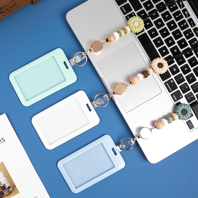 9 in 3 Sets Blue White Green Retractable Lanyard for ID Badge Lanyard with ID Holder Breakaway Lanyard School Silicone Beaded Lanyard Cute