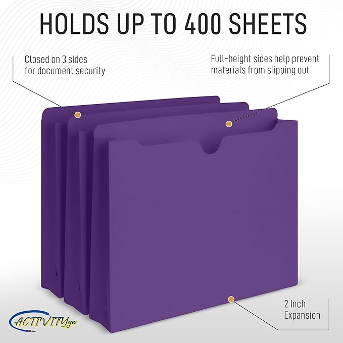 Purple File Jackets, 2 Inch Expansion, Letter Size, Reinforced Straight-Cut Tab, 6 Pack