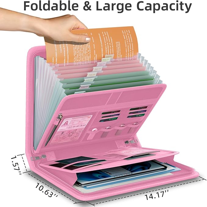 Fireproof Accordion File Organizer, Portable Expanding File Folder with Waterproof Zipper&Labels, Pink Document Organizer with 13 Pockets, File Organizer for Important Document/Paper Storage