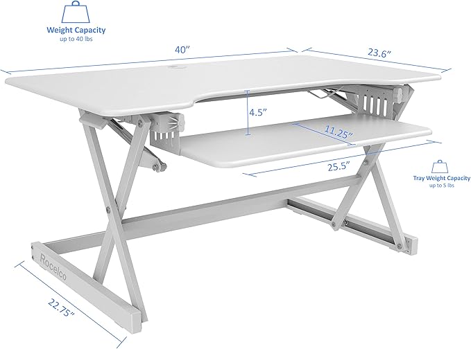 Rocelco 40" Large Height Adjustable Standing Desk Converter with Anti Fatigue Mat BUNDLE - Quick Sit Stand Up Computer Workstation Riser - Retractable Keyboard Tray - White (R DADRW-40-MAFM)