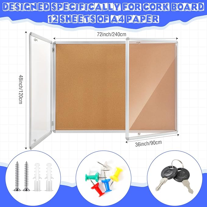 2 Pack Enclosed Bulletin Board 48" x 36" Weather Resistant Lockable Enclosed Cork Case Display Noticeboard Wall Mounted 2 Locking Door Aluminum Frame for School Classroom Office, 12xa4, Brown