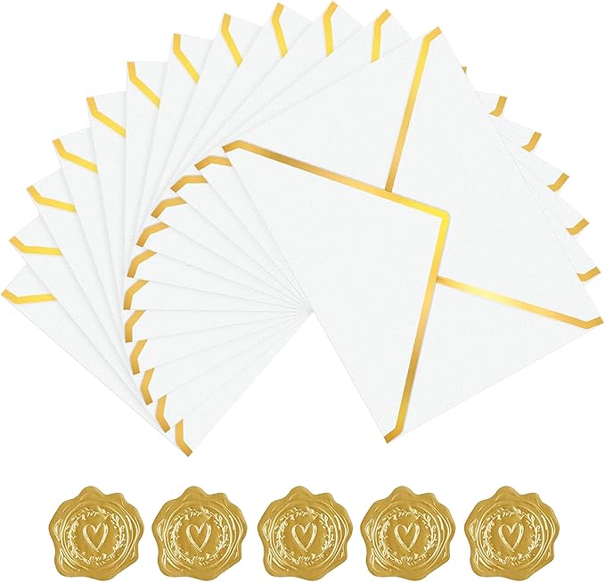 60 Pack Gold Envelopes 5x7 Lvory White, 250G Pearled Cardstock A7 Envelopes for Invitations Business Mailing Envelope with Gold Foil Border, A6 4x6 Envelopes for Wedding Baby Shower Cards