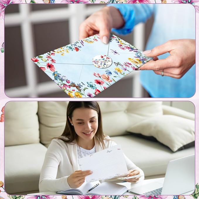 TaoBary 160 Packs Stationery Paper Set (50 Double Sided Stationery Writing Papers 50 Matching Envelopes) 60 Round Dot Sticker, 10 Design(Wildflower,8.5 x 11 Inch)