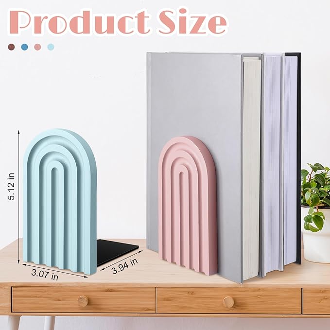 Harloon 4 Pieces Boho Arch Wood Bookends Rainbow Arch Back to School Gift Ideas Non Skid Bookend Decorative Wooden Book Stand Book Stoppers for Books Movies CDs(Morandi Color)