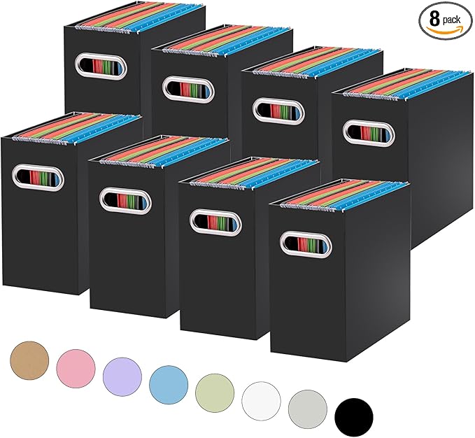 Oterri File Organizer, Small Storage Box, Cardboard File Folder Organizer, Collapsible File Box, Hanging File Organizer for Letter Size, Portable File Box with Handle, Only Box（Black，8 Packs）