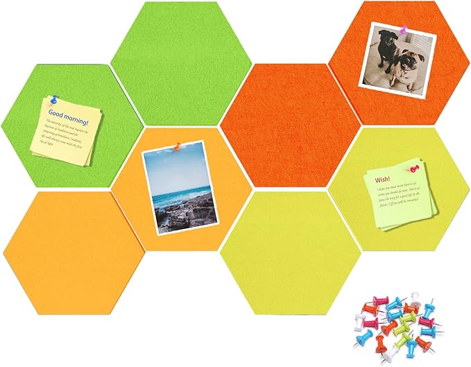 12" Large Bulletin Board with 30 Push Pins, Pack of 8 Hexagon Felt Pin Board Notice Boards for Home Office Kitchen, Felt Wall Tiles for Photos Memos (Green Yellow)
