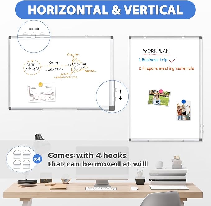 WALGLASS 2 Pack Magnetic White Board, 36" x 24" Double-Sides Dry Erase White Board for Wall, Hanging or Mounted Whiteboard, Horizontal or Vertical, Silver Aluminium Frame, Home, School, Office