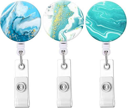 Retractable Badge Reel, Badge Holder with Alligator Clip, Cute Badge Clip on ID Name Card Holders for Nurse Doctor and Office (3Pack Mixed Color Marble)