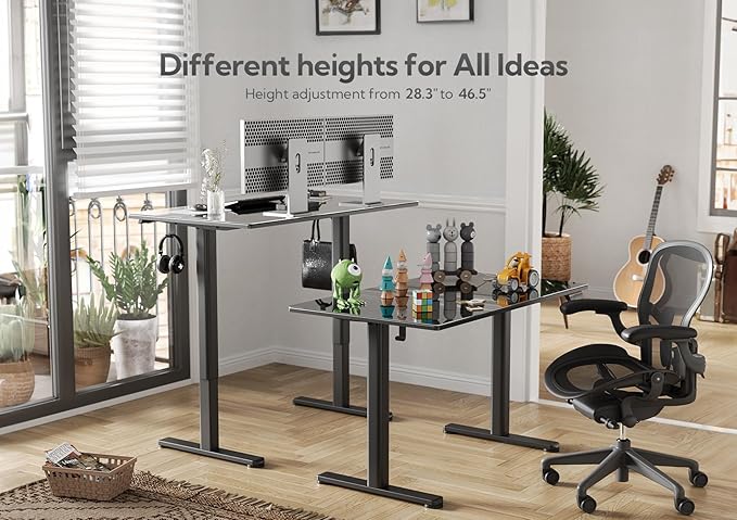 Glass Standing Desk, Electric Standing Desk Adjustable Height, 48 Inch Adjustable Stand Up Desk, Quick Install Home Office Computer Desk, Black