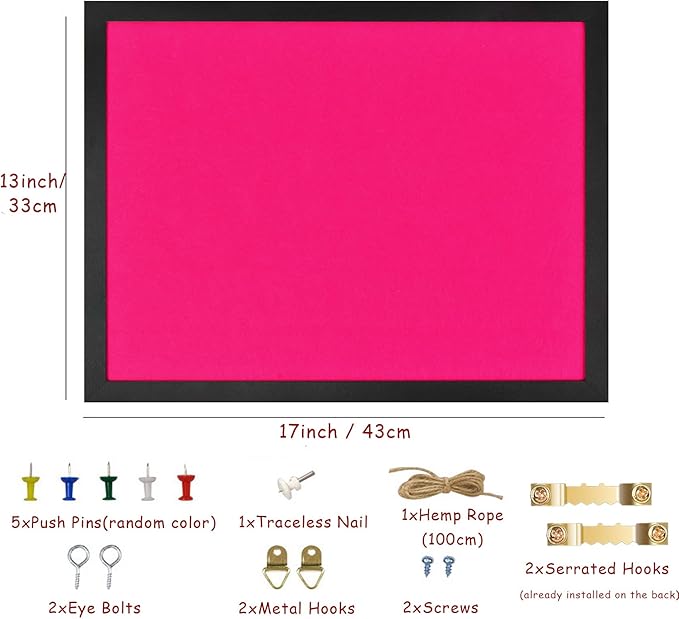 Pink Bulletin Boards Cork Board with Felt, 17"x13" Small Display Pin Board Vision Board for Walls, Jewelry, Notes, Collection, Photos, Office, Wood Framed(Black) & Felt(Pink), 1pc
