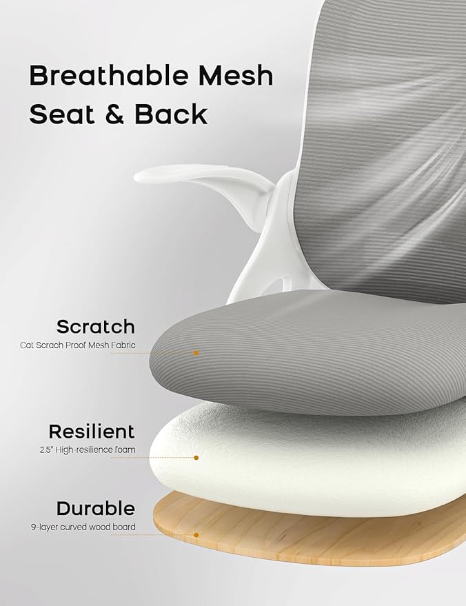 Mesh Office Chair Ergonomic Desk Chair with Up&Down Front&Rear 2 Dimensions Adjustable Lumbar Support and Flip-up Arm Rocking Comfy Swivel Computer Task Chair for Home Office(White-Gray)