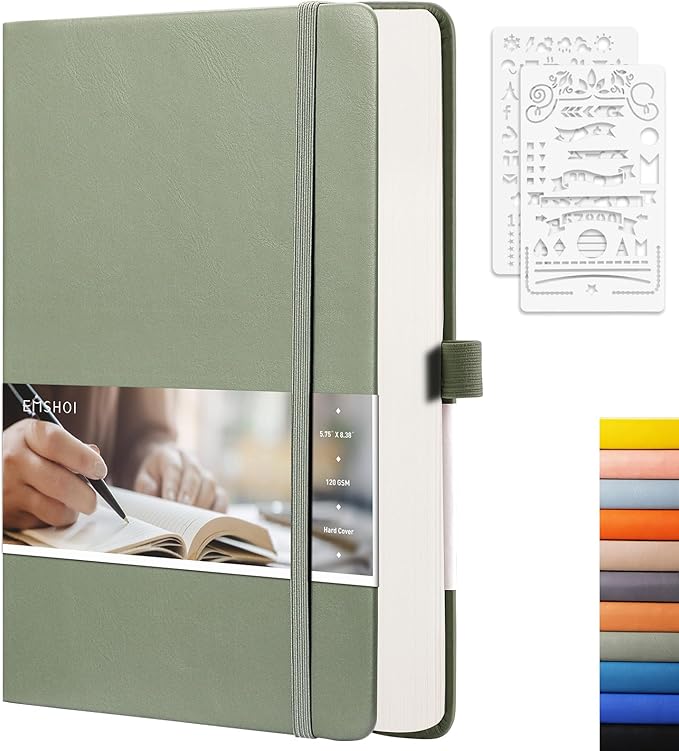 EMSHOI Dotted Notebook - 256 Pages A5 Dotted Grid Journal Notebook,120gsm Thick Paper,16 Perforated Pages, Smooth PU Leather, Inner Pocket,5.75'' × 8.38''-Green