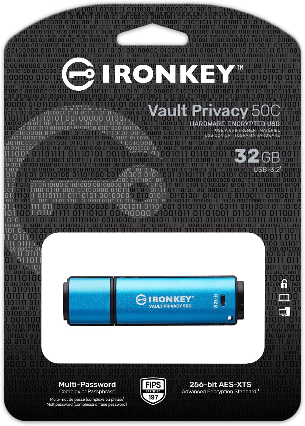 Kingston Ironkey Vault Privacy 50 USB-C 32GB Flash Drive | FIPS 197 Certified | XTS-AES 256-bit | BadUSB and Brute Force Protection | Mult-Password Option | IKVP50C/32GB