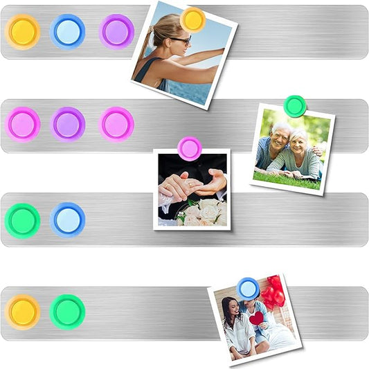 Frameless Magnetic Stainless Iron Board Strips, Adhesive Backing Bulletin Bar Board with 10 Pieces Colorful Magnet, Memo Strip for Office Home 4Pcs