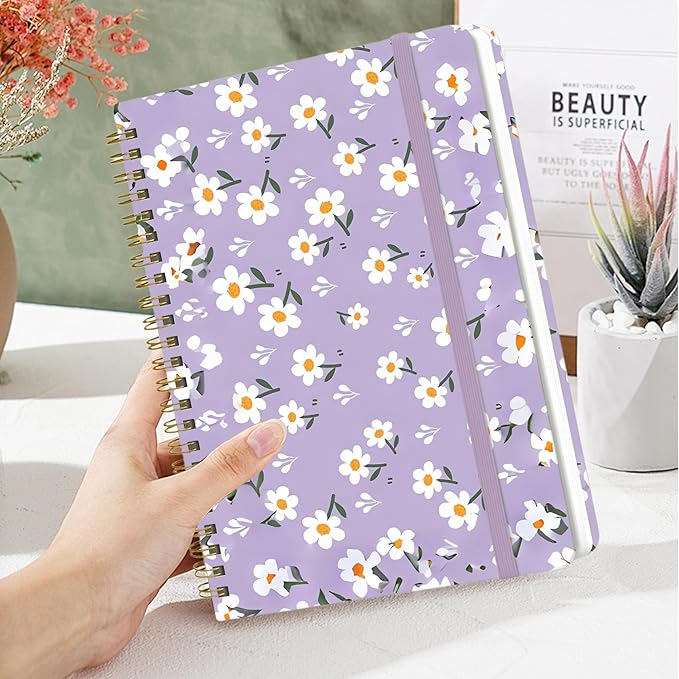 Spiral Notebook - A5 Spiral Notebooks, 8.3'' × 5.8'', 160 Pages, Aesthetic Journaling Notebooks for Women, College Lined Notebook with Elastic Closure, Back Pocket, for School Office, Purple Flower