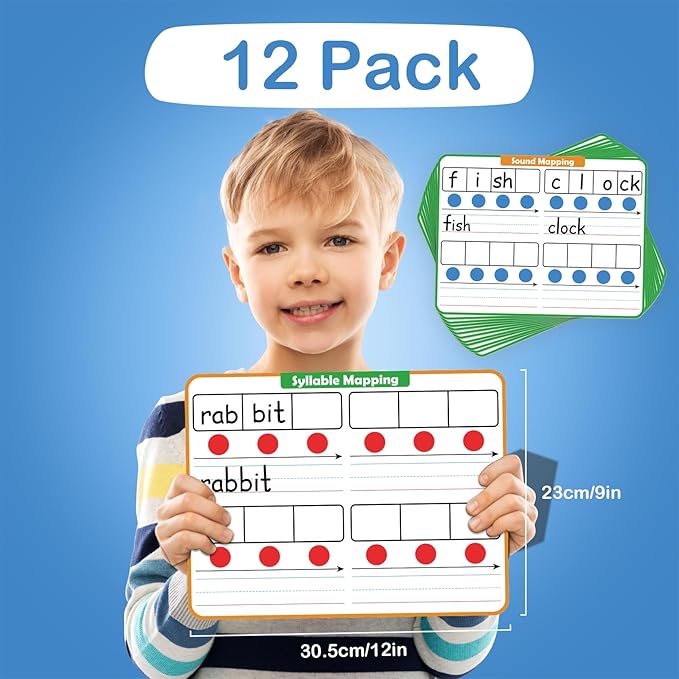 Aizweb 12 Pack Phonemic Awareness Dry Erase Board,9" x 12" Syllable Small Whiteboard,Speech Therapy Material Phonics Games,Science Reading Manipulative,Preschool Kindergarten Classroom Must Have