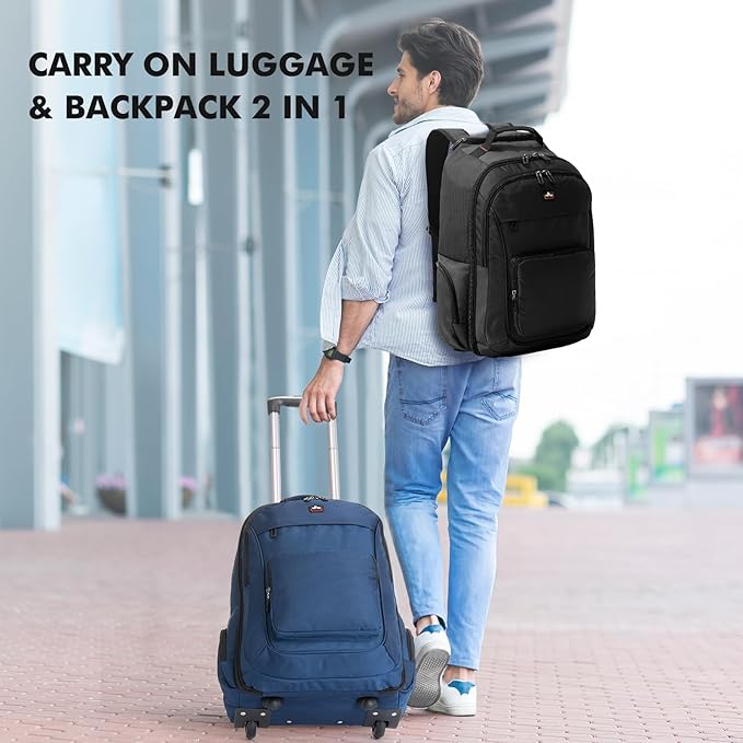 Rolling Backpack for Adults, 15.6 inch Laptop Wheeled Backpack, Travel Backpack with Wheels, Carry on Luggage Business Trolley Suitcase Computer Bag Men Women Blue
